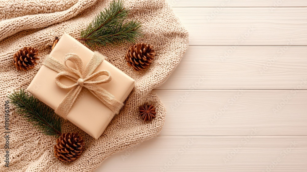 Top view of a Christmas composition with a wrapped gift, pine cones, and fir branches, surrounded by a soft knitted blanket on a rustic white wooden table. Top view of a Christmas composition with a wrapped gift, pine cones, and fir branches, surrounded by a soft knitted blanket on a rustic white wooden table.