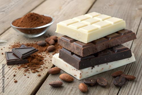 Stack of three chocolate types on wooden surface with cocoa powder and beans