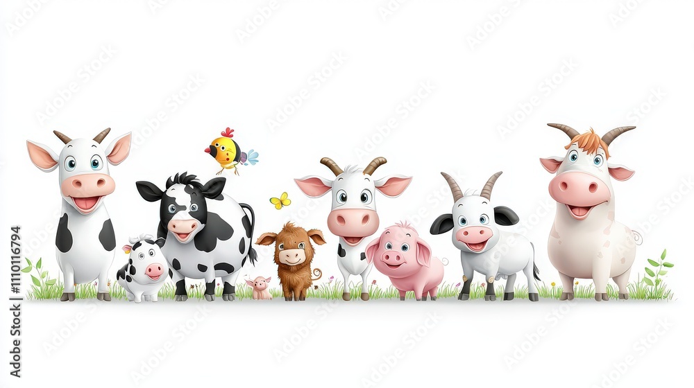 Fototapeta premium Vector clipart of a barnyard with farm animals such as cows, pigs, and goats, isolated on a white background.