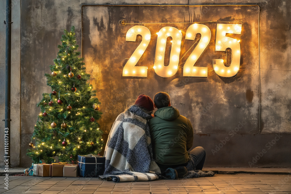 Fototapeta premium Cozy New Year Celebration Couple Sitting Beneath Warm Light 2025 Sign Christmas Tree Holiday Gifts Festive Ambiance Urban Loft Romantic Winter Cabin View Warm Atmosphere eve night Family Wallpaper