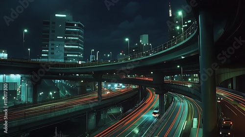 A city highway interchange with multiple levels and streaks of car lights at night
