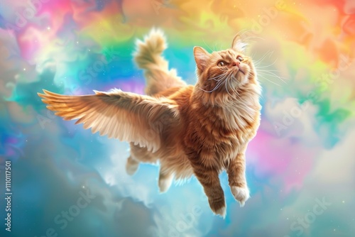 Cat soaring amid rainbow photo