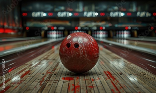 Red bowling ball on bowling alley photo