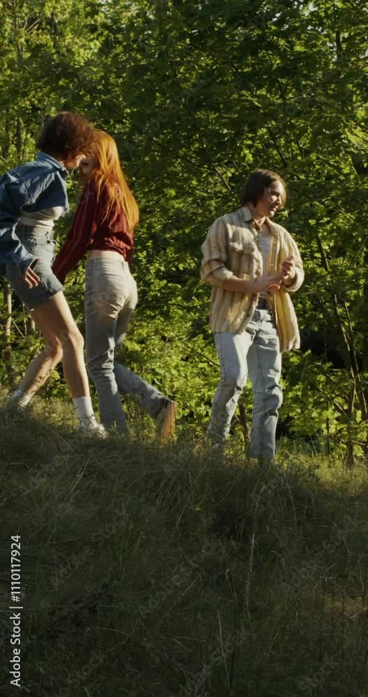 Three friends are talking and smiling as they get up from the grass and leave the clearing near the forest. Walk on a summer day Three friends are talking and smiling as they get up from the grass and leave the clearing near the forest. Walk on a summer day