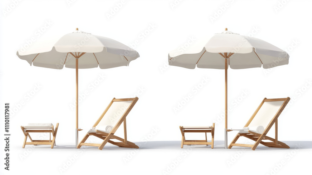 Beach umbrella and chair mockups set isolated on white background. Vector realistic illustration of chaise lounge under sunshade parasol with blank surface for branding, garden or poolside furniture Beach umbrella and chair mockups set isolated on white background. Vector realistic illustration of chaise lounge under sunshade parasol with blank surface for branding, garden or poolside furniture