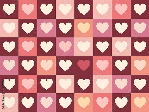 Seamless vector checkered pattern or grid texture with white hearts for web design, desktop wallpaper or culinary blog website. Sweet pink valentines background full of love.
