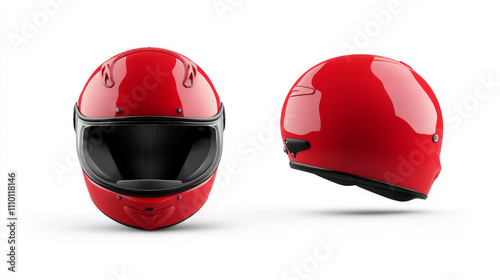 Red retro motorcycle and scooter helmet for head safety. Realistic 3d vector illustration set of side and front view on biker protection helm. Simple classic open face motorcyclist headwear mockup. photo