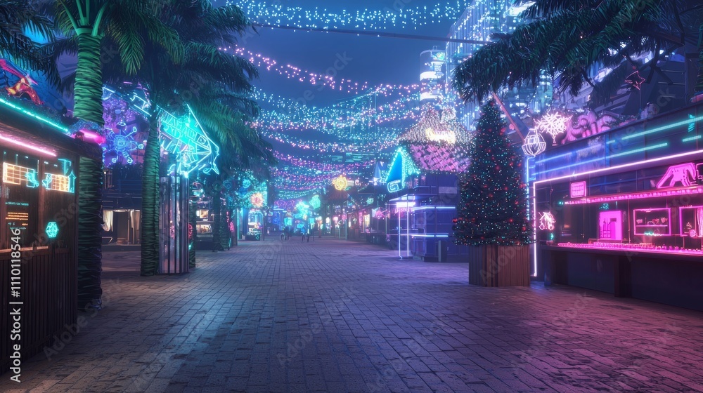 Futuristic Cyberpunk Christmas Street Fair in a Vibrant Cityscape with High-Tech Gadgets and Festive Delights, 3D Render Illustration Futuristic Cyberpunk Christmas Street Fair in a Vibrant Cityscape with High-Tech Gadgets and Festive Delights, 3D Render Illustration