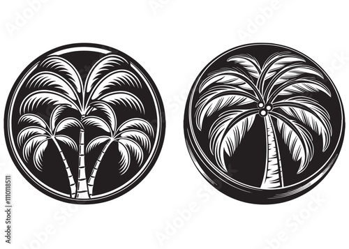 Palm tree silhouette vector illustration, Palm Tree Silhouettes, coconut palm tree silhouette vector, Palm trees silhouettes tropical summer. Palm tree logo icon