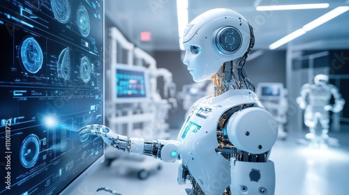 Humanoid robot uses a futuristic touchscreen in a medical facility.