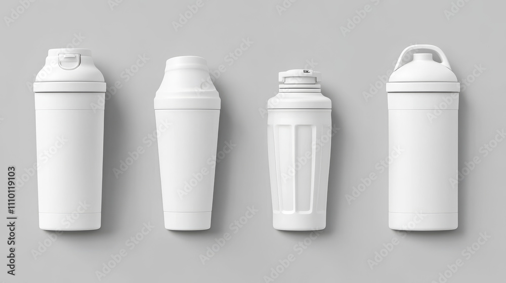 White protein cocktail shaker plastic bottle in different angles on transparent background. Realistic 3d vector illustration set of gym and fitness sport water reusable container mockup for branding. White protein cocktail shaker plastic bottle in different angles on transparent background. Realistic 3d vector illustration set of gym and fitness sport water reusable container mockup for branding.