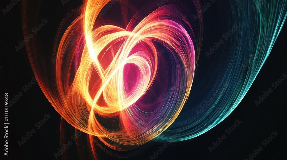 A dynamic image of abstract, multi-colored spirals intertwining to form a radiant, unified design on a dark background A dynamic image of abstract, multi-colored spirals intertwining to form a radiant, unified design on a dark background