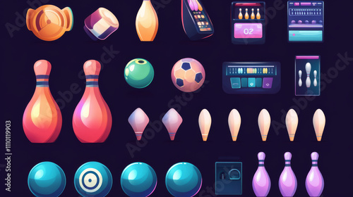 Bowling pin and ball vector game illustration. Strike tournament event with skittles. Kegling championship isolated icon set. Movement alley for sphere and gambling screen with scoreboard design photo