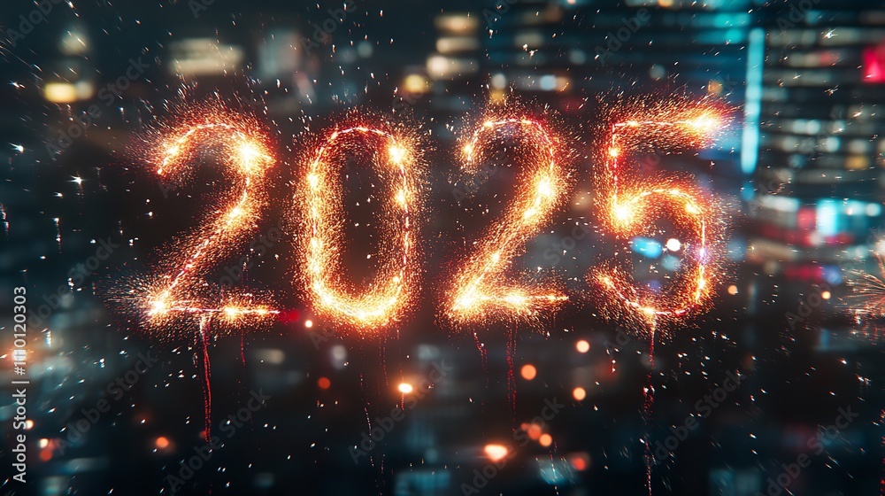 Happy New Year Fireworks Making the Number 2025 on a Dark Background

