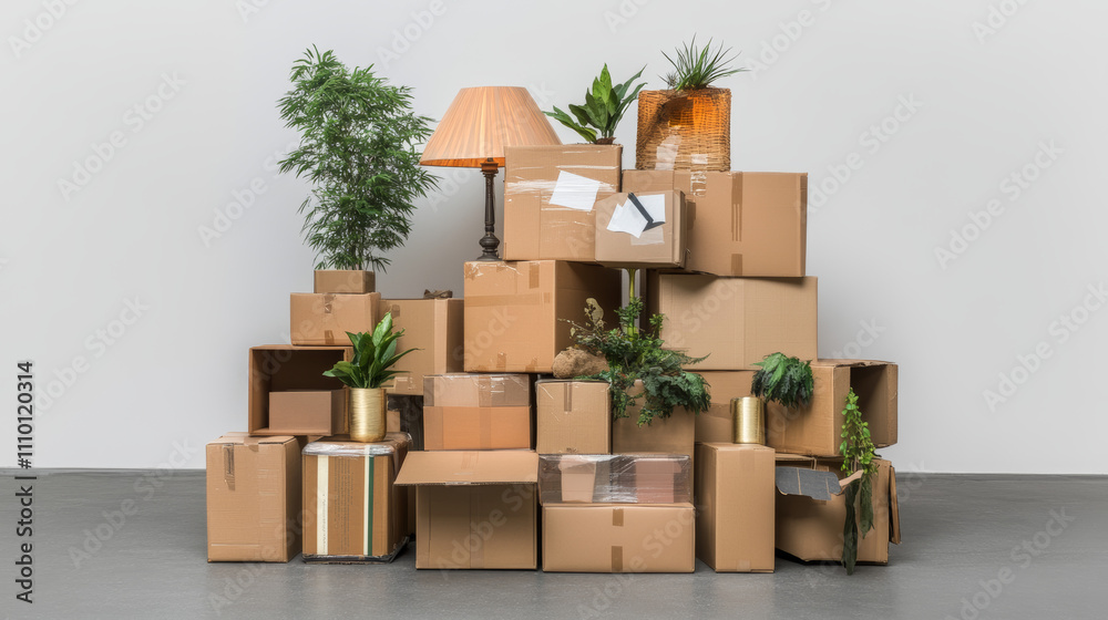 Home stuff in cardboard boxes for moving and relocation concept. Cartoon vector pile of carton packages with belongings - furniture, lamp, plant and interior element for delivery and migration service Home stuff in cardboard boxes for moving and relocation concept. Cartoon vector pile of carton packages with belongings - furniture, lamp, plant and interior element for delivery and migration service