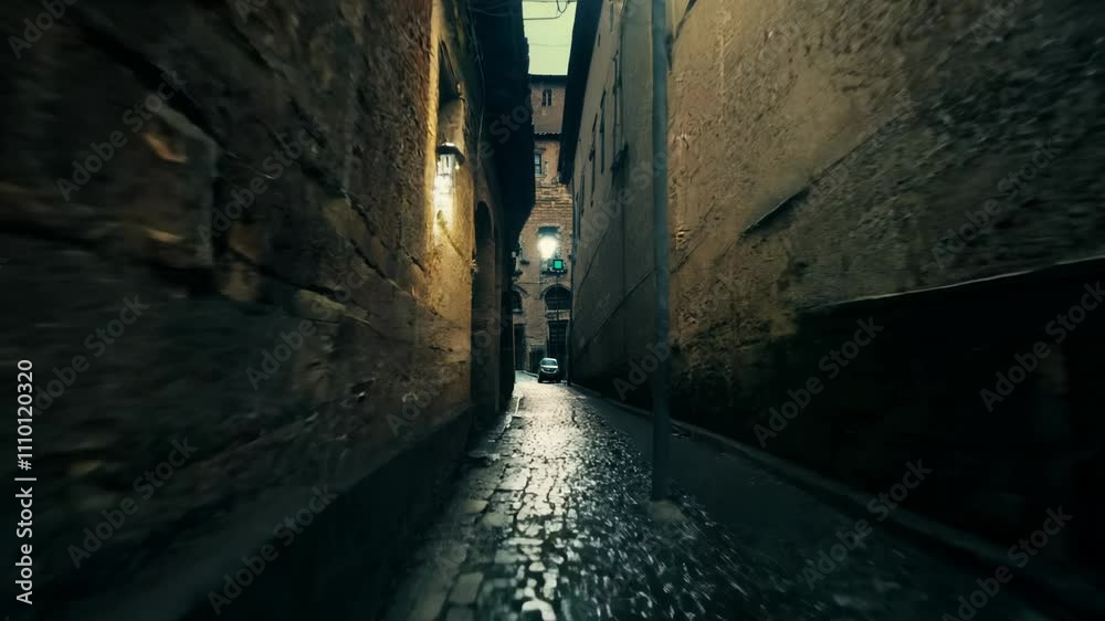 Handheld video moves unevenly through dark alley, revealing flickering streetlight casting shadows on wet cobblestones. low key lighting Handheld video moves unevenly through dark alley, revealing flickering streetlight casting shadows on wet cobblestones. low key lighting