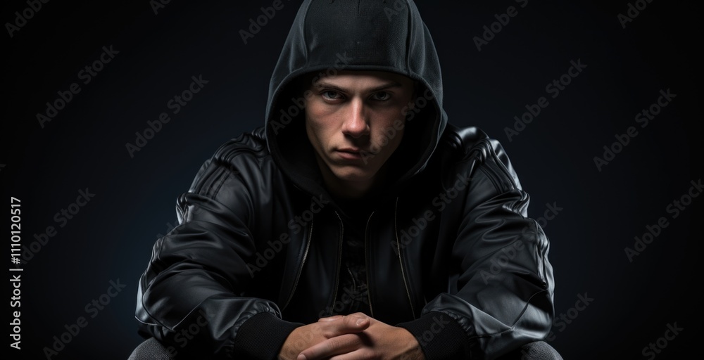 Man in black hoodie sitting down Man in black hoodie sitting down