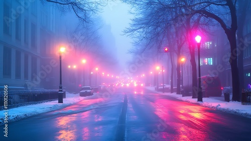 A foggy city street with reflective surfaces glowing under vibrant streetlights