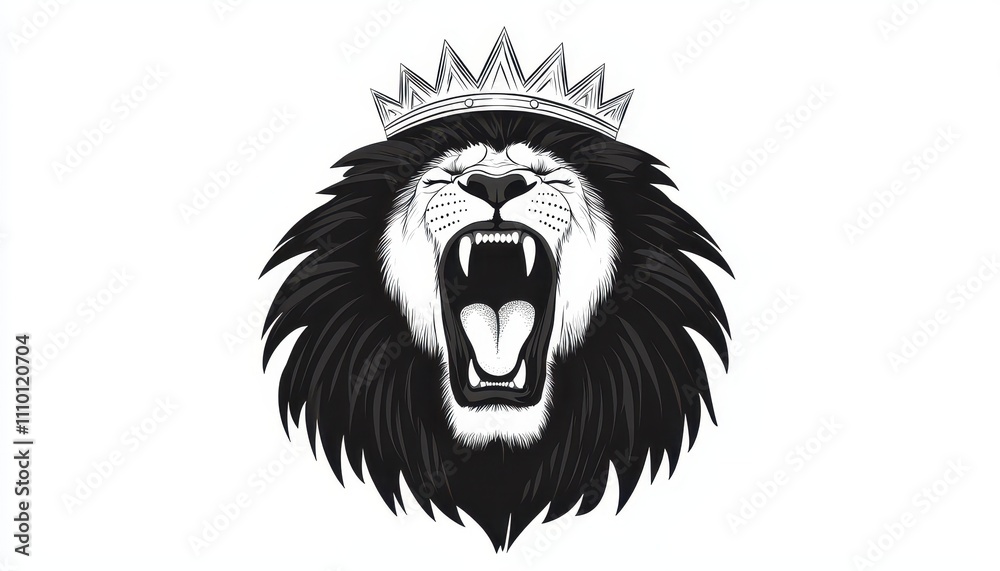 Obraz premium Majestic Lion Head with Crown Emblem in Black and White Design