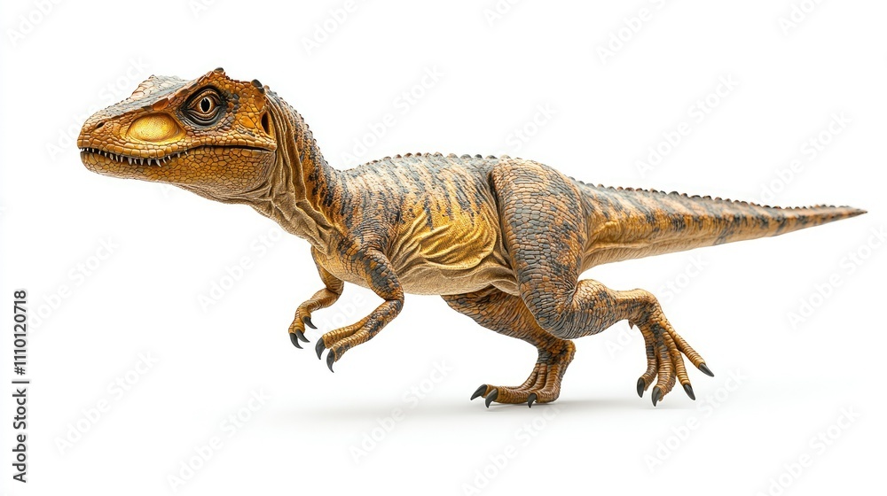 Naklejka premium A juvenile theropod dinosaur, rendered in 3D, against a white background.