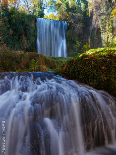 Scenic view of waterfall in forest,Monasterio de Piedra,Spain