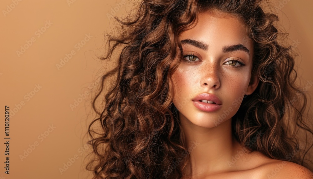 Beautiful girl model with curly hair posing on a light brown studio background. Banner with place for text. The concept of a healthy, well-groomed appearance and beauty. Beautiful girl model with curly hair posing on a light brown studio background. Banner with place for text. The concept of a healthy, well-groomed appearance and beauty.