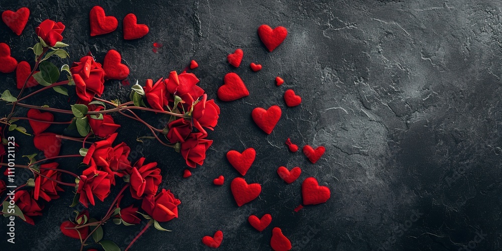 A black background with red roses and red hearts scattered all over it, with ample copy space for text. A black background with red roses and red hearts scattered all over it, with ample copy space for text.
