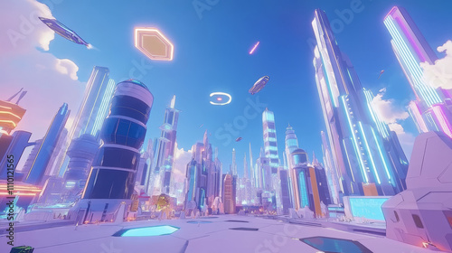 Futuristic space city background with flying aircraft. Vector cartoon illustration of metaverse cityscape with neon blue and purple skyscrapers, modern spacecraft, hexagon virtual reality landscape