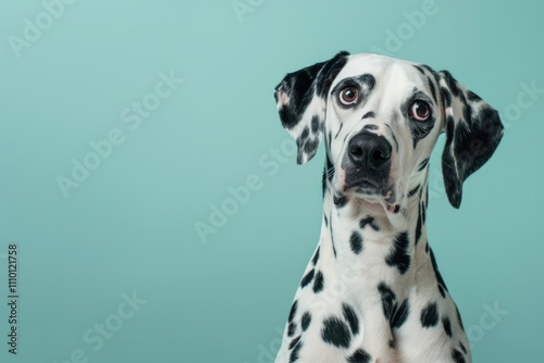 Dalmatian dog sitting in front of blue background