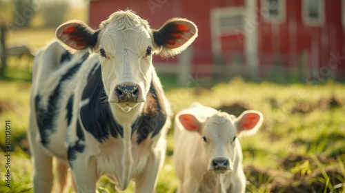 Two black and white cows in front of red barn
