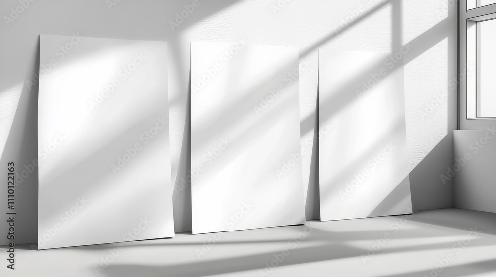 White album pages with abstract light effect. Vector realistic illustration of presentation sheets template with sunlight flare pattern, empty minimalist advertising banner, rippled paper surface White album pages with abstract light effect. Vector realistic illustration of presentation sheets template with sunlight flare pattern, empty minimalist advertising banner, rippled paper surface