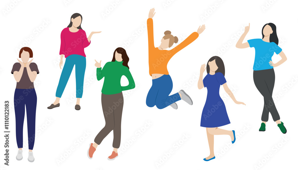Young cheerful girls posing, faceless illustration, flat style, isolate on white Young cheerful girls posing, faceless illustration, flat style, isolate on white