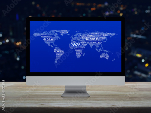 Fototapeta Naklejka Na Ścianę i Meble -  Start up business icon with words world map on computer screen on table over blur night city, Happy new year 2025 global business start up online concept, Elements of this image furnished by NASA