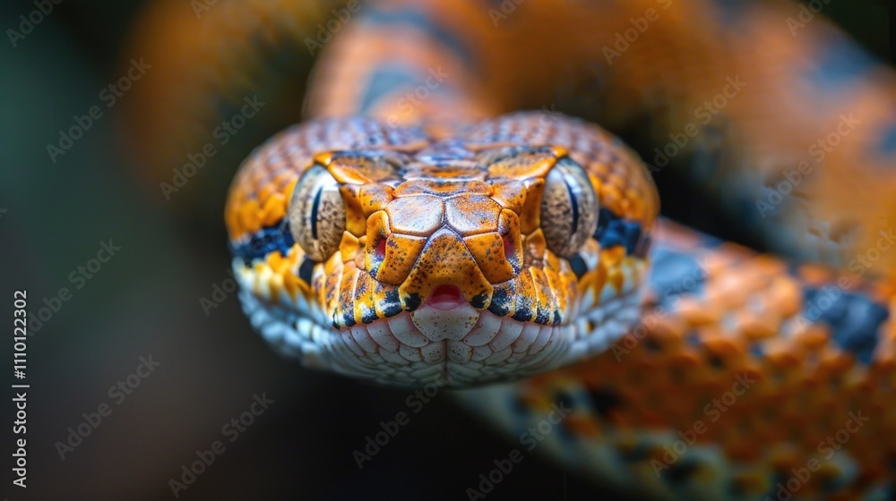 Closeup of Vibrant Orange and Black Snake with Detailed Scales in Natural Habitat Closeup of Vibrant Orange and Black Snake with Detailed Scales in Natural Habitat