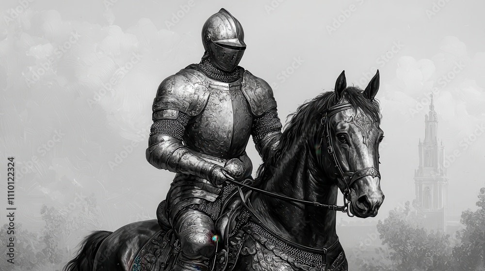 Knight in Armor Riding Majestic Horse Against Gray Background Knight in Armor Riding Majestic Horse Against Gray Background