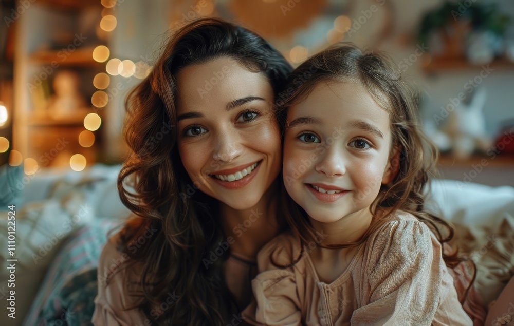 Woman and little girl smiling on a couch Woman and little girl smiling on a couch