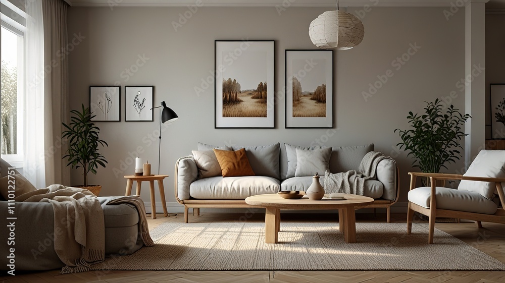 Fototapeta premium Cozy living room interior, Scandinavian style. Wooden furniture and elegant.