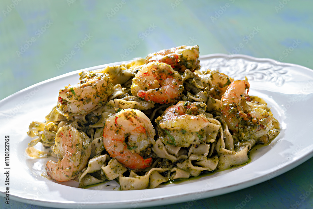 seafood pasta in pesto sauce