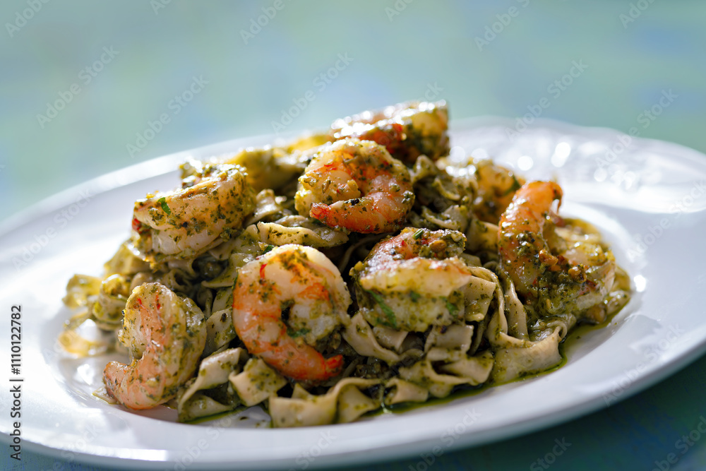 seafood pasta in pesto sauce