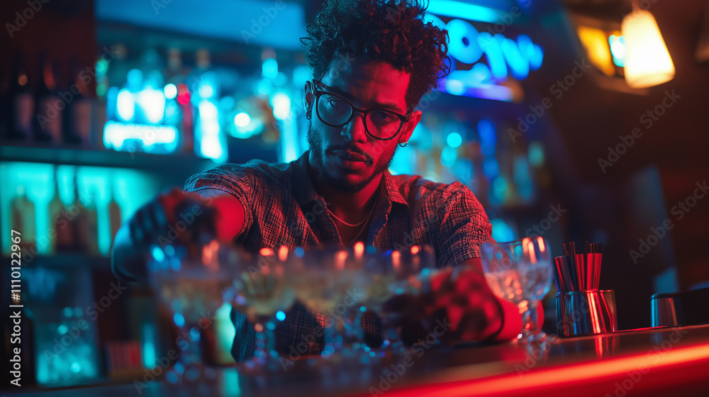 Bartender stacking glasses in a neon-lit bar, trendy atmosphere Bartender stacking glasses in a neon-lit bar, trendy atmosphere