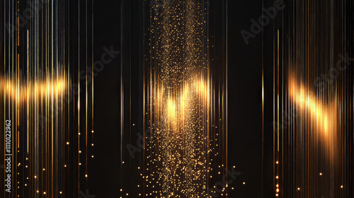 Gold line light with glitter glow abstract effect. Golden vertical flare with neon beam sparkle and particle burst vector bg. Laser string on black background. Shiny fiber data or sound banner design