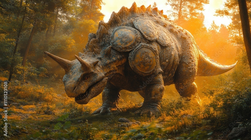 Fototapeta premium A large, dinosaur-like creature roams through a sunlit forest, showcasing its rugged features.