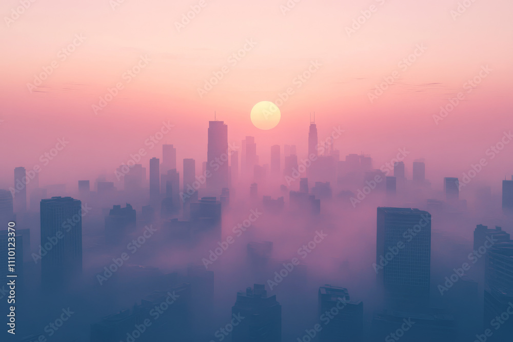 Futuristic cityscape with red sun in smog. Heavy pollution at sunset with dark and polluted sky Futuristic cityscape with red sun in smog. Heavy pollution at sunset with dark and polluted sky