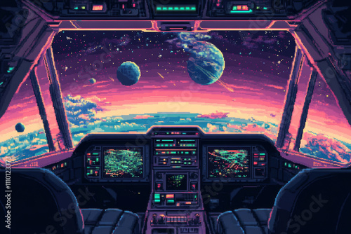 Futuristic spaceship cockpit with alien planet and stars showing through large window. Space travel illustration in pixel art style