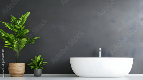 Blank poster in a modern bathroom with a gray concrete wall and wooden furniture elements. Bright natural lighting. Concept of interior design. 3D rendering