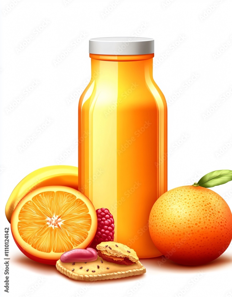 A vibrant arrangement of fruits and a juice bottle, symbolizing freshness and health.