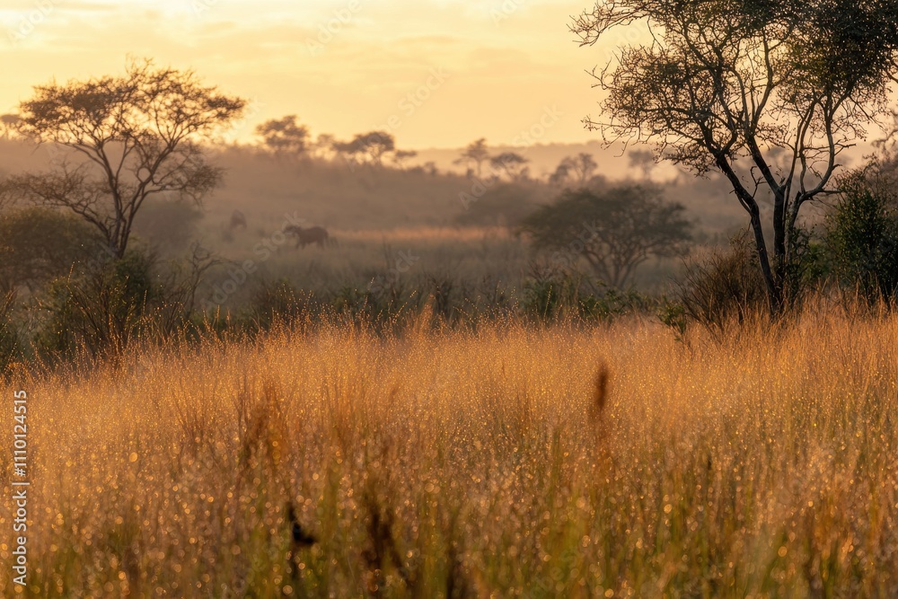 Serene African Landscape at Sunrise with Silhouetted Elephant and Golden Grass Backlit by Soft Morning Light in a Tranquil Wilderness Setting Serene African Landscape at Sunrise with Silhouetted Elephant and Golden Grass Backlit by Soft Morning Light in a Tranquil Wilderness Setting