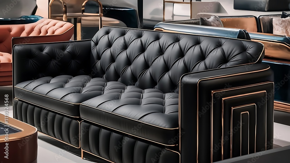 Obraz premium Upholstery material Vinyl or Tufted black leather Sofa upholstery background furniture decoration 3d illustration