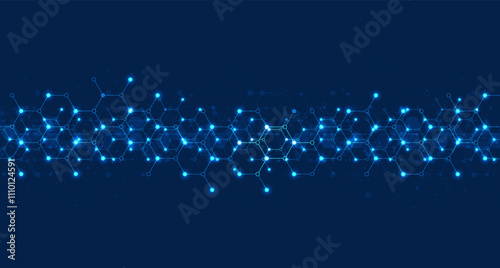 Hexagons pattern on blue background. Genetic research, molecular structure. Chemical engineering. Concept of innovation technology. Used for design healthcare, science and medicine background