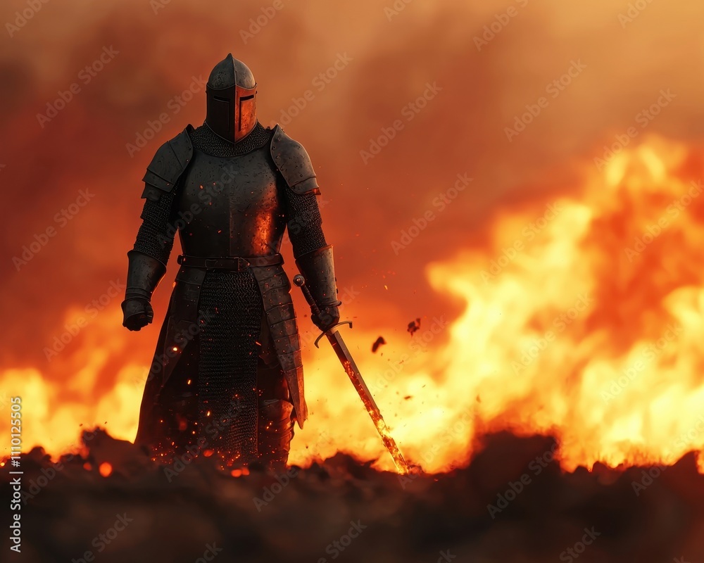 Knight in Armor Standing Amidst Flames with Sword in Hand Knight in Armor Standing Amidst Flames with Sword in Hand